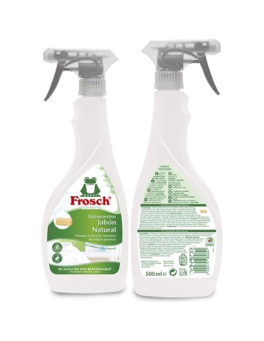 quitamanchas-jabon-natural-500ml-frosch-2.jpg – Vista trasera con ingredientes y modo de uso.