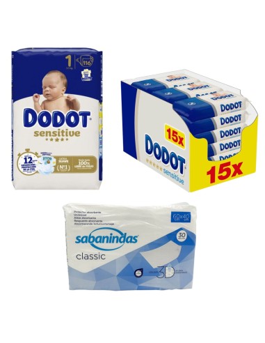 Pack Dodot talla 1 con 116uds + toallitas sensitive + empapador 40x60cm
