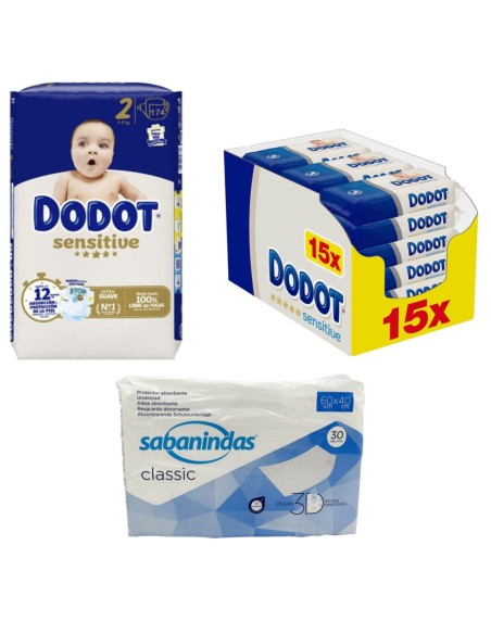 Pack Dodot talla 2 con 174uds + toallitas sensitive + empapadores 40x60cm sabanindas