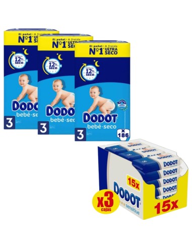 Pack Dodot Bebé-Seco Talla 3 186 uds + Toallitas Dodot Sensitive 810 uds (protección y cuidado completo)