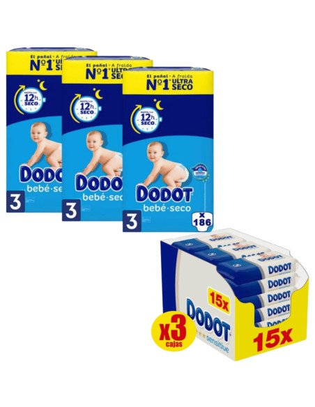 Pack Dodot Bebé-Seco Talla 3 186 uds + Toallitas Dodot Sensitive 810 uds (protección y cuidado completo)
