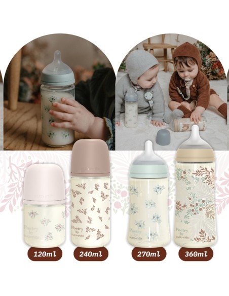 Biberón de Vidrio Suavinex Poetry 120 ml +0M – Tetina SX Pro flujo lento para recién nacidos