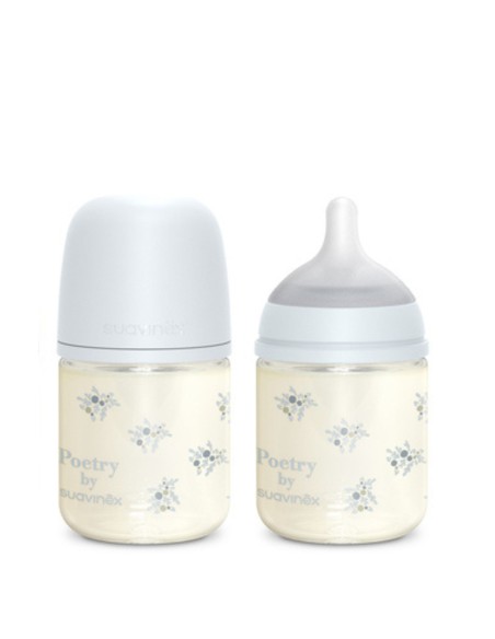 Biberón de Vidrio Suavinex Poetry 120 ml +0M – Tetina SX Pro flujo lento para recién nacidos
