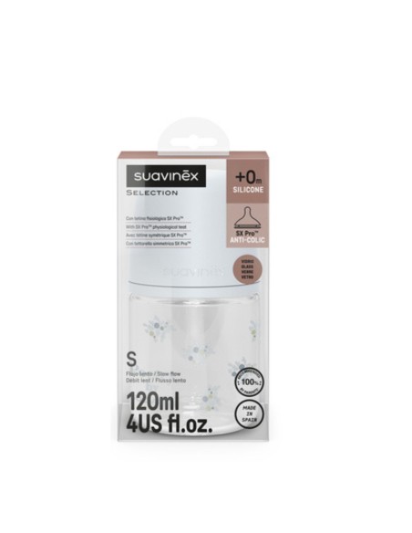 Biberón de Vidrio Suavinex Poetry 120 ml +0M – Tetina SX Pro flujo lento para recién nacidos