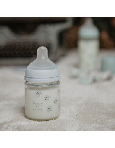 Biberón de Vidrio Suavinex Poetry 120 ml +0M – Tetina SX Pro flujo lento para recién nacidos