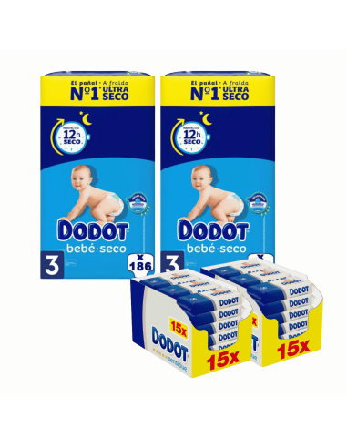 Pack Dodot Bebé-Seco Talla 3 372uds + Toallitas Dodot Sensitive 810 uds