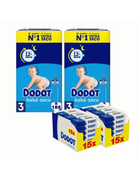 Pack Dodot Bebé-Seco Talla 3 372uds + Toallitas Dodot Sensitive 810 uds