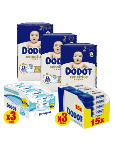 Pack 3 Cajas Talla 2 Sensitive + Toallitas Aquapure | Dodot - Nappy.es
