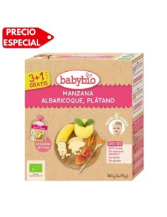 Oferta bolsita fruta manzana, albaricoque y plátano babybio