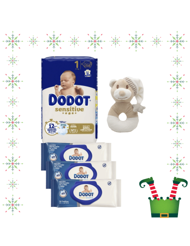 Pack paquete Talla 1 (58 uds) + 3 Paquetes Toallitas Sensitive dodot + Juguete a Elegir