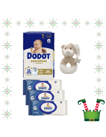 Pack paquete Talla 1 (58 uds) + 3 Paquetes Toallitas Sensitive dodot + Juguete a Elegir