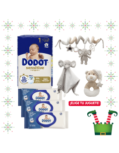 Pack paquete Talla 1 (58 uds) + 3 Paquetes Toallitas Sensitive dodot + Juguete a Elegir