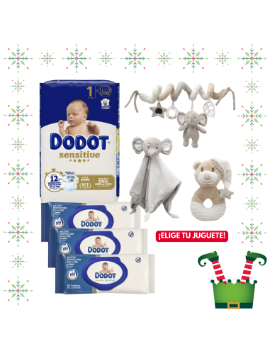 Pack paquete Talla 1 (58 uds) + 3 Paquetes Toallitas Sensitive dodot + Juguete a Elegir
