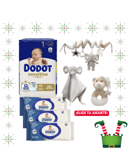 Pack paquete Talla 1 (58 uds) + 3 Paquetes Toallitas Sensitive dodot + Juguete a Elegir