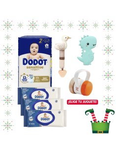 Pack paquete Talla 2 (58 uds) + 3 Paquetes Toallitas Sensitive dodot + Juguete a Elegir