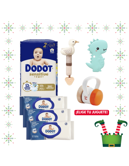 Pack paquete Talla 2 (58 uds) + 3 Paquetes Toallitas Sensitive dodot + Juguete a Elegir