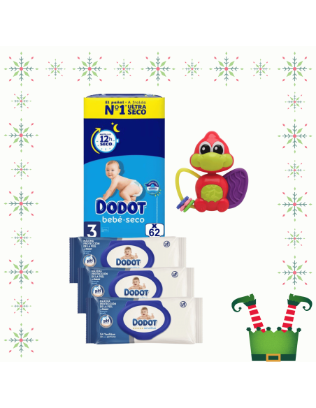 Pack paquete Talla 3 (62 uds) + 3 Paquetes Toallitas Sensitive dodot + Juguete a Elegir