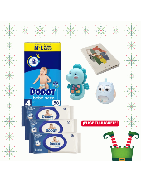 Pack paquete Talla 4 (58 uds) + 3 Paquetes Toallitas Sensitive dodot + Juguete a Elegir