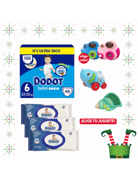 Pack paquete Talla 6 (48 uds) + 3 Paquetes Toallitas Sensitive dodot + Juguete a Elegir
