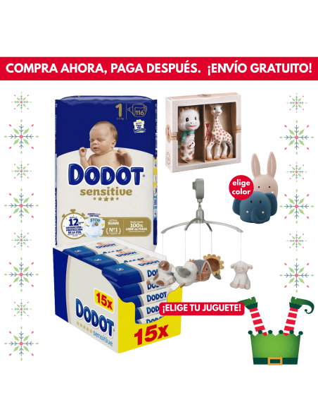 Pack Caja Talla 1 + Caja toallitas Sensitive + juguete a elegir
