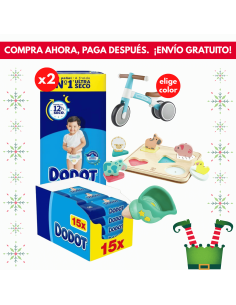 Pack 2 cajas Talla 5 (108uds) + 1 caja toallitas etapas 960uds + juguete a elegir