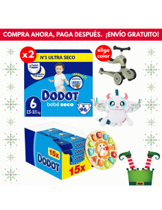 Pack 2 cajas Talla 6 (192uds) + 1 caja toallitas etapas 960uds + juguete a elegir