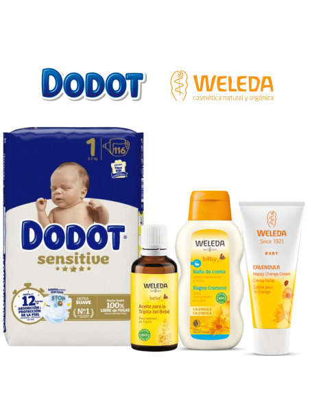 Pack recién nacido Dodot talla 1 con productos Weleda