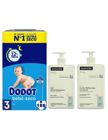 Gel baño 750ml Suavinex + crema hidratante 750ml Suavinex + 1 caja Dodot a elegir talla