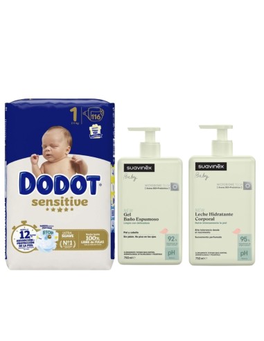 Gel baño 750ml Suavinex + crema hidratante 750ml Suavinex + 1 caja Dodot a elegir talla