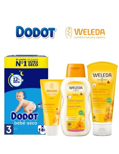 Pack Dodot Bebé-Seco talla 3 con productos Weleda para el cuidado del bebé