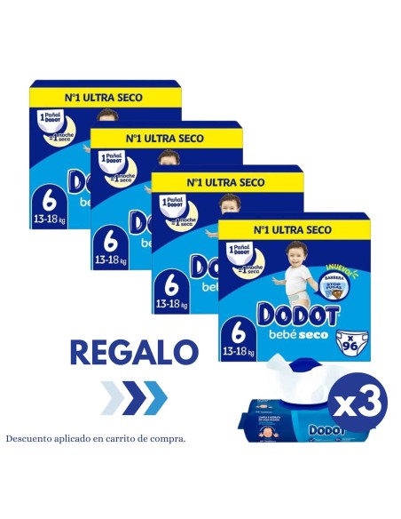 Pack Dodot 4 cajas Talla 6 Bebé‑Seco 384uds – Máxima absorción 12 h