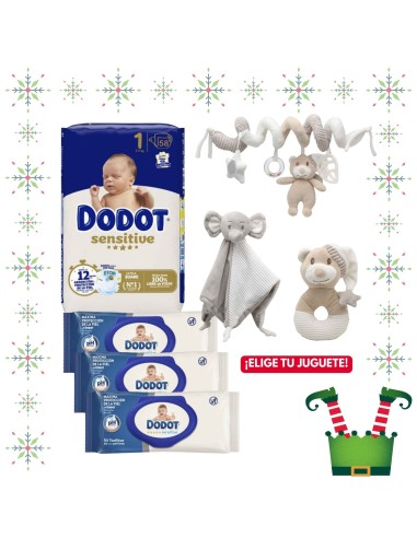 Pack paquete Talla 1 (58 uds) + 3 Paquetes Toallitas Sensitive dodot + Juguete a Elegir