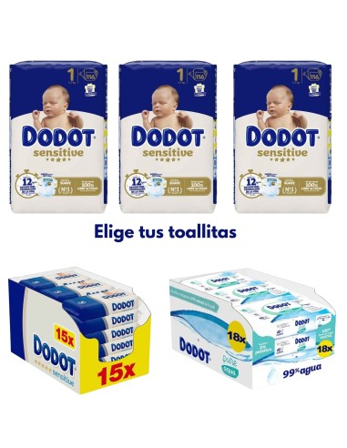 Pack Dodot Sensitive Talla 1 348 uds (3 cajas) + Toallitas Dodot a elegir (cuidado completo del recién nacido)