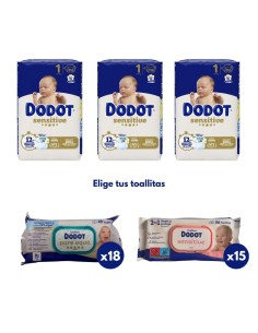 Pack Dodot Sensitive Talla 1 348 uds (3 cajas) + Toallitas Dodot a elegir (cuidado completo del recién nacido)