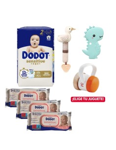 Pack paquete Talla 2 (58 uds) + 3 Paquetes Toallitas Sensitive dodot + Juguete a Elegir