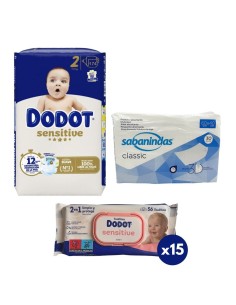 Pack Dodot talla 2 con 174uds + toallitas sensitive + empapadores 40x60cm sabanindas