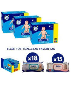 Pack Dodot Bebé-Seco Talla 4 116 uds + Toallitas Dodot a elegir (Sensitive, Aqua Pure o Etapas)
