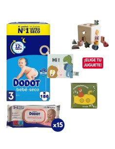 Pack Caja Talla 3 + Caja toallitas Sensitive + juguete a elegir
