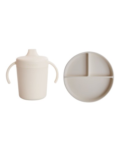 Pack plato y taza beige Mushie
