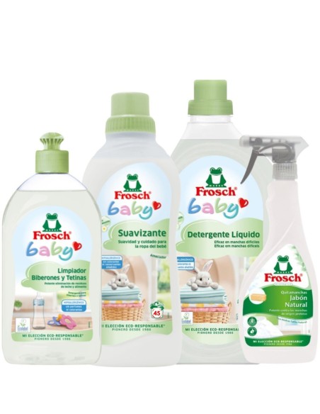 pack-frosch-bebe-detergente-suavizante-quitamanchas-limpiador-biberones-1.jpg – Vista frontal del pack completo Frosch Bebé.