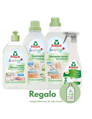 pack-frosch-bebe-detergente-suavizante-quitamanchas-limpiador-biberones-1.jpg – Vista frontal del pack completo Frosch Bebé.
