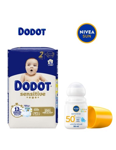 Pack Caja Pañales Dodot talla 1-7 + Protector Solar Nivea Roll-On Sensitive SPF50+ Kids