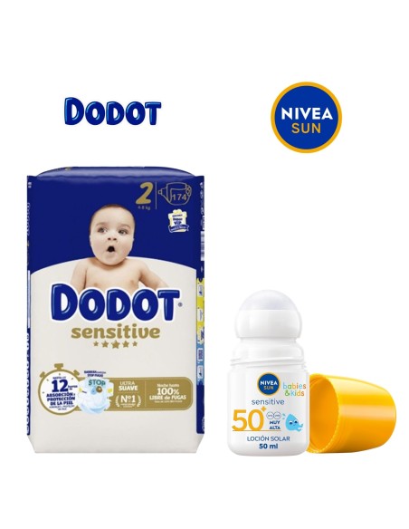 Pack Caja Pañales Dodot talla 1-7 + Protector Solar Nivea Roll-On Sensitive SPF50+ Kids
