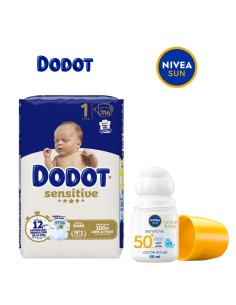 Pack Caja Pañales Dodot talla 1-7 + Protector Solar Nivea Roll-On Sensitive SPF50+ Kids