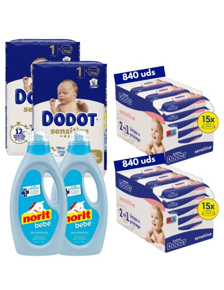 Pack Ahorro Pañales Dodot Talla 1 + Toallitas Sensitive + Norit Bebé - Nappy.es