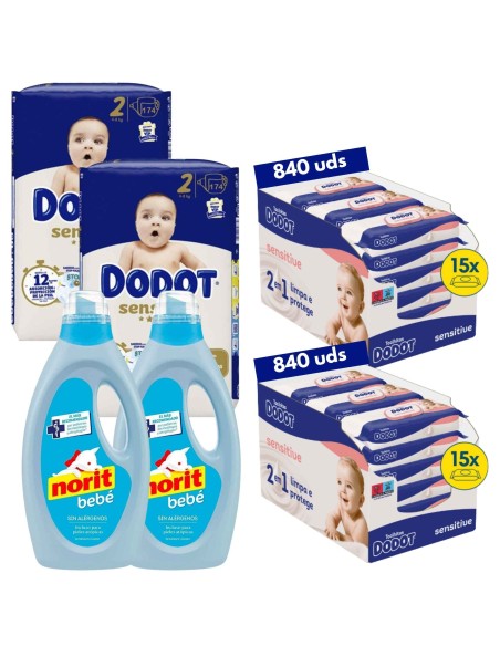 Pack Dodot Sensitive Talla 2 348 uds + Toallitas Sensitive 1620 uds + Norit Bebé 2 uds (cuidado completo del bebé)