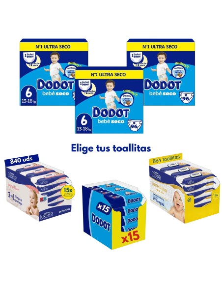 Pack Dodot Bebé-Seco Talla 6 288 uds (3 cajas) + Toallitas Dodot a elegir (Sensitive, Aqua Pure o Etapas)