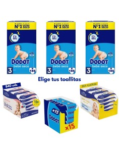 Pack Dodot Bebé-Seco Talla 3 558 uds (3 cajas) + Toallitas Dodot a elegir (protección y cuidado completo)