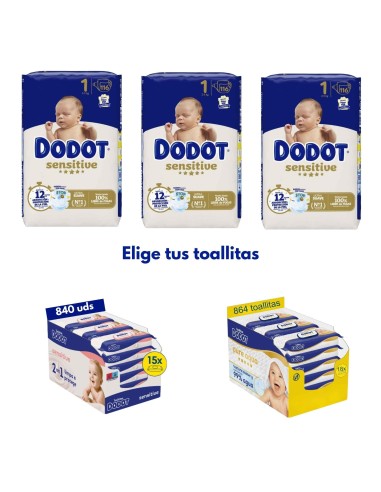 Pack 3 Cajas Talla 1 Sensitive + Toallitas Aquapure | Dodot - Nappy.es
