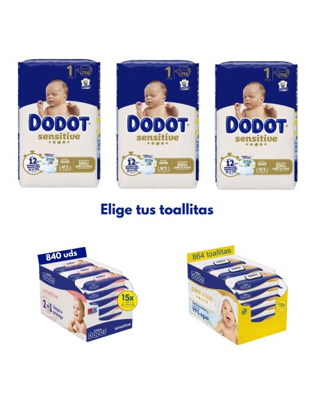 Pack 3 Cajas Talla 1 Sensitive + Toallitas Aquapure | Dodot - Nappy.es